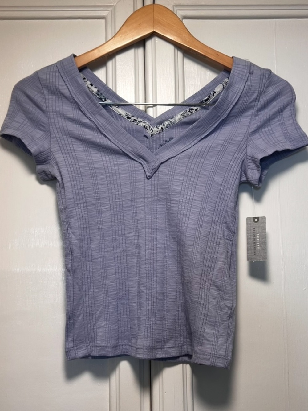 NWT Anthropologie Pilcro Purple Ribbed Double V-Neck Tee Lavender XXS Petite